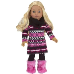 Sophia’s Print Knit Dress & Infinity Scarf For 18” Dolls, Hot Pink/Black