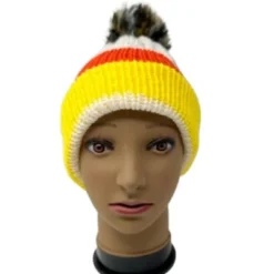 Child Halloween Candy Corn Handmade Knit Beanie Hat Removeable Pom